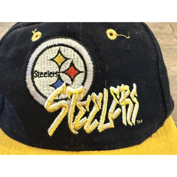 Vtg 90s NFL Drew Pearson Mens Black Yellow Pittsburg Steelers Snapback Hat Cap - Picture 3 of 8
